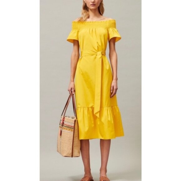 NWT Tory Burch Smocked Off the Shoulder Tie Waist Midi Dress in Flaming Yellow - Picture 1 of 9